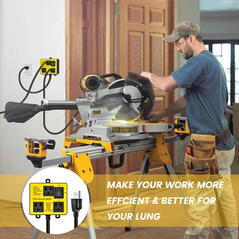 Woodworker using mitre saw with Automatic Vacuum Switch For Power Tools With Dual Tool Outlets And Auto On Off Delay To Prevent Circuit Overload And Tripping on wall.