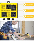 Automatic Vacuum Switch For Power Tools With Dual Tool Outlets And Auto On Off Delay; yellow switch panel and woodworking setup.
