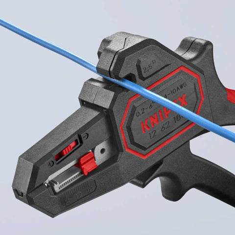 Knipex Automatic Wire Stripper 10-24 AWG, 7.25 Inch Length shown stripping a blue wire, precision grade tool for professionals.