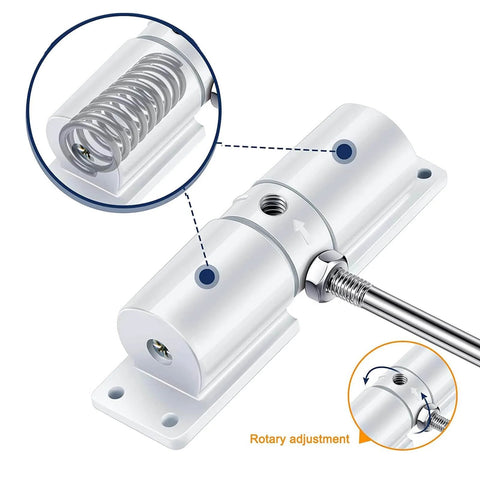 Close-up of Automatic Door Closer, Zinc Alloy Safety Spring Door Closer Adjustable 30 kg Closing Door Hinge in White with rotary adjustment.