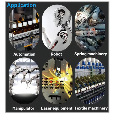 NEMA 34 planetary gearbox applications collage showing automation, robot, laser equipment, and textile machinery