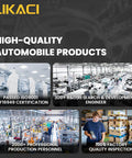 Collage of a high-tech factory with production lines, workers, and quality inspection, labeled 'High-Quality Automobile Products'