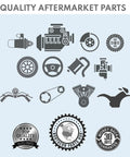 Illustration of automotive parts with focus on quality aftermarket components and warranty badges.