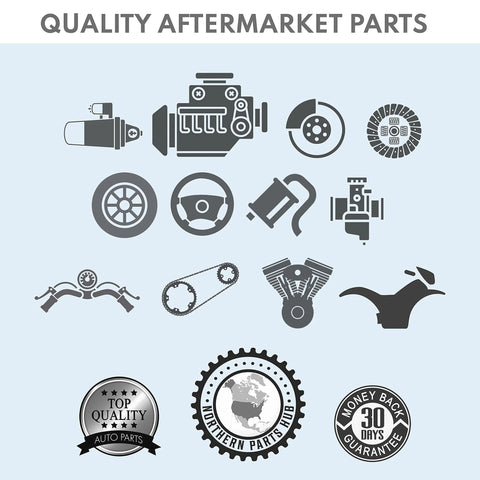 Illustration of automotive parts with focus on quality aftermarket components and warranty badges.