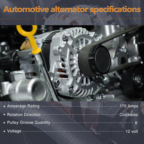Close-up of Drop In 2 Pin Alternator for 3.6L V6 vehicles, featuring 170A amperage, CW rotation, 6-groove pulley, 2011-2016 applications.