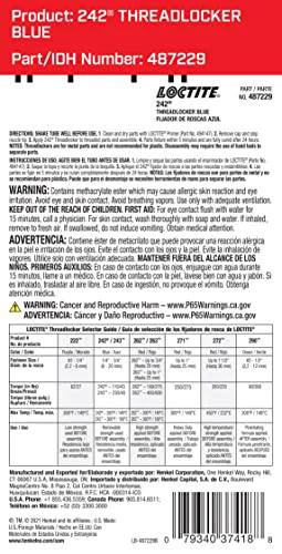 Back label of Automotive Blue Thread Locker High Temperature Medium Strength Anaerobic Adhesive For All Metals 6mL Tube PN 37418-487229