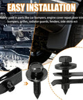 Car bumper installation with 50Pcs 1/4 U Nut Clips And Fender Bolts Kit for automotive body fasteners, showing nut clip and bolt.