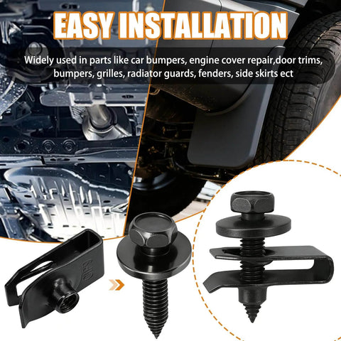 Car bumper installation with 50Pcs 1/4 U Nut Clips And Fender Bolts Kit for automotive body fasteners, showing nut clip and bolt.