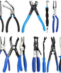 13-Piece Automotive Electrical Disconnect Pliers And Fuel Line Tool Set With Storage Bags Featuring Vertical And 60 Degree Disconnect Pliers Dual-Head Separator Trim Removal Pry Panel Clip Pliers Hose Remover Push Pin Remover Caliper Spring Clamp Tools displayed on white background