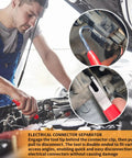Mechanic using 4 Piece Automotive Electrical Disconnect Pliers Set Designed For Car Connectors And Hose Clamps Made From Durable High Carbon Steel With Anti Slip Plastic Coated Handles Provides Safe Quick Disconnect Without Wear on a car engine.