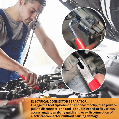 Mechanic using 4 Piece Automotive Electrical Disconnect Pliers Set Designed For Car Connectors And Hose Clamps Made From Durable High Carbon Steel With Anti Slip Plastic Coated Handles Provides Safe Quick Disconnect Without Wear on a car engine.