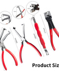 4 Piece Automotive Electrical Disconnect Pliers Set Designed For Car Connectors And Hose Clamps Made From Durable High Carbon Steel With Anti Slip Plastic Coated Handles Provides Safe Quick Disconnect Without Wear, showing different sizes and red handles.