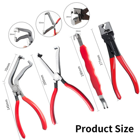 4 Piece Automotive Electrical Disconnect Pliers Set Designed For Car Connectors And Hose Clamps Made From Durable High Carbon Steel With Anti Slip Plastic Coated Handles Provides Safe Quick Disconnect Without Wear, showing different sizes and red handles.