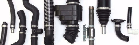 Various automotive pipes and components with clamps for assembly