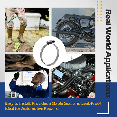 Collage showing applications of embossed worm gear hose clamps size 28 in automotive and garden settings, with a close-up clamp image.