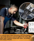 Mechanic using 4 Piece Automotive Electrical Disconnect Pliers Set Designed For Car Connectors And Hose Clamps. Close-up of pliers in use.