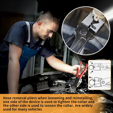 Mechanic using 4 Piece Automotive Electrical Disconnect Pliers Set Designed For Car Connectors And Hose Clamps. Close-up of pliers in use.