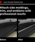 Before and after using Heavy-Duty Automotive Molding Tape 7/8 Inch Wide By 15 Feet on car side trim for a clean finish