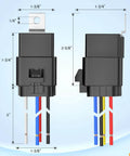 Front and side view of Five Pack Waterproof Automotive Relay And Harness Set Beefed-Up Heavy Duty 40/30 Amp SPDT 5 Pin Relays 12 AWG Tinned Copper Wires Prewired Harness 12V DC All Weather Car And Truck Electrical Relay Kit