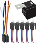 80 And 60 Amp 12V Five Pin SPDT Automotive Relay Kit With Heavy Duty Pigtails, High Current Switching For Cars Trucks And Marine Electronics, 6 Pack Relay Set For Easy Power Control And Reliable Performance.