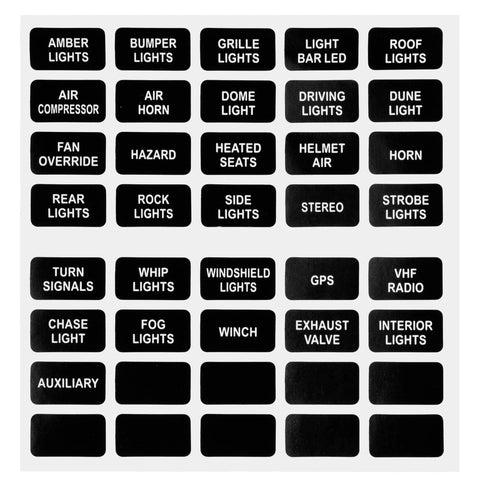 Sheet of automotive electrical labels with various light and accessory identifiers, such as bumper lights, hazard, and fog lights.