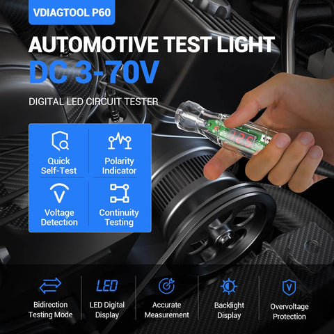 Automotive Test Light With Wide Range 3 To 70V LED Digital Voltage Display, Pro Grade Circuit Tester in use on vehicle engine