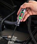 Compact automotive test light with a 3 to 48V LED digital display used for battery checks, showing 12.3V, dual polarity LEDs visible.