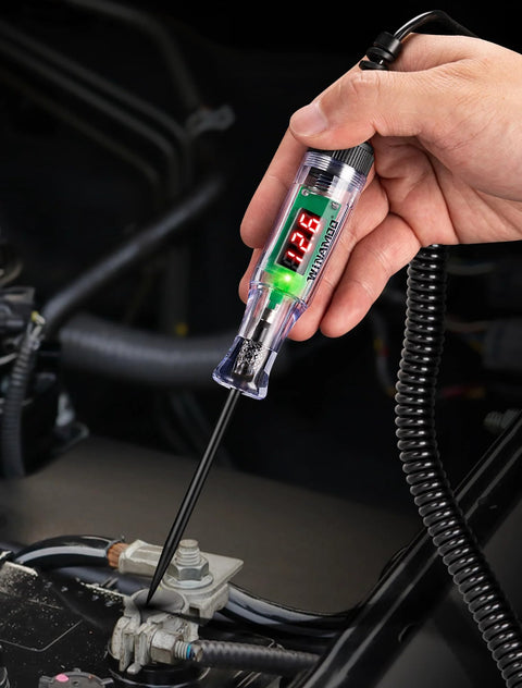Compact automotive test light with a 3 to 48V LED digital display used for battery checks, showing 12.3V, dual polarity LEDs visible.