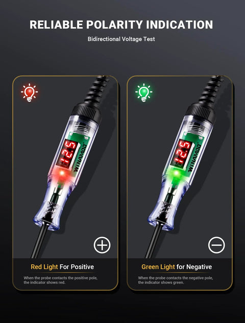 Compact automotive test light with a 3 to 48V LED digital display showing polarity indicators and precise 0.1V readouts