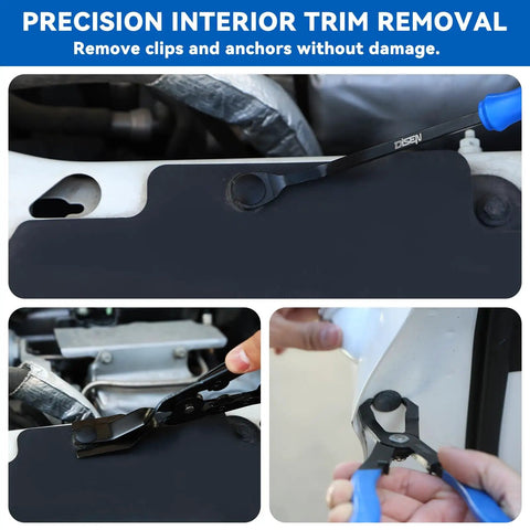 13-Piece Automotive Electrical Disconnect Pliers And Fuel Line Tool Set used for precision trim removal on vehicle panels.