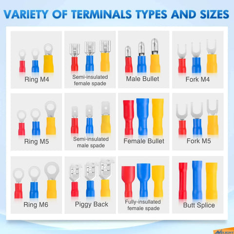 Assorted terminal types from Mixed Quick Disconnect Connectors And Terminal Crimp Kit For Automotive Wiring Projects 840 Piece Assortment.