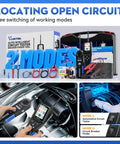 V500 Pro All In One Automotive Electrical Tool With Open And Short Circuit Detection And Breaker Finder Nine To Thirty Volt Range Power Probe For Automotive Electrical System Diagnostics Includes Multimeter Oscilloscope Relay And Injector Testing tool displayed with accessories and modes.