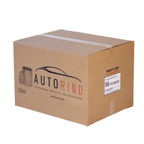 Carton box containing quart size tin paint cans with Autorind label