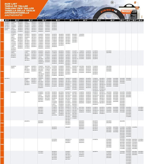 Product size chart for Passenger Vehicle Snow Socks HP697 Pack Of 2 For Tire Traction In Snow And Harsh Weather, multiple tire sizes.