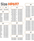 Size chart for Passenger Vehicle Snow Socks HP697 Pack Of 2 For Tire Traction In Snow And Harsh Weather, showing compatible tire dimensions.