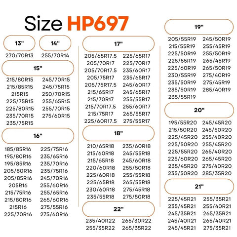 Size chart for Passenger Vehicle Snow Socks HP697 Pack Of 2 For Tire Traction In Snow And Harsh Weather, showing compatible tire dimensions.