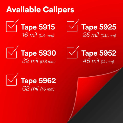 Chart showing available calipers of tapes: Tape 5915, Tape 5925, Tape 5930, Tape 5952, Tape 5962 with thicknesses in mils and mm