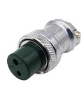 Close-up of Aviation Connector Socket Female Seat Size Pin NCS 162 P CH Plug, metallic and green, for aircraft wiring and avionics.