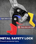 Close-up of 8 Inch Aviation Snips Straight Cut Heavy Duty Metal Cutter With Safety Lock, highlighting open and closed position.