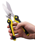 Hand holding 9 Inch Aviation Tin Snips Heavy Duty Metal Cutter With Straight Cut Stainless Steel Blades 3Cr13 Easy Grip Handle