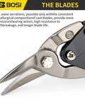 Close-up of 10 Inch Aviation Tin Snips Right Cut with sharp serrated blades, chrome vanadium steel, used for cutting metal sheets.