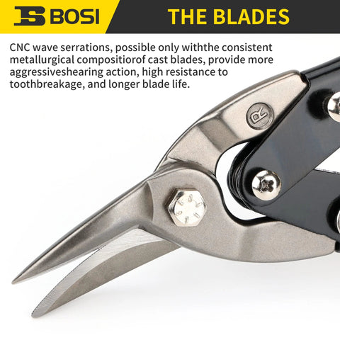 Close-up of 10 Inch Aviation Tin Snips Right Cut with sharp serrated blades, chrome vanadium steel, used for cutting metal sheets.