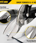 Close-up of 10 inch sheet metal cutters with CRV blades showing cut on metal sheet, part of 3 Piece Aviation Tin Snips Set.