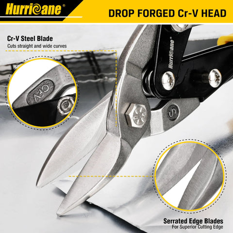 Close-up of 10 inch sheet metal cutters with CRV blades showing cut on metal sheet, part of 3 Piece Aviation Tin Snips Set.