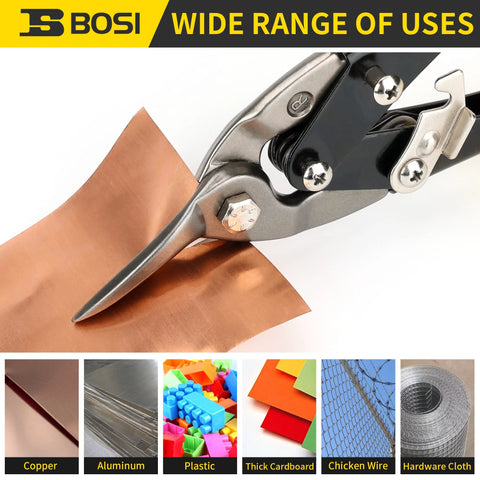 10 Inch Aviation Tin Snips Right Cut cutting copper sheet, showcasing sharp serrated blades and safety latch, ideal for metalworking.