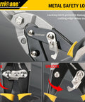 Close-up of 10 Inch Aviation Tin Snips with metal safety lock, chrome vanadium steel blades for precise straight cuts in sheet metal.