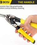 Hand holding 10 Inch Aviation Tin Snips Right Cut for Straight and Right Curve Cuts with ergonomic non-slip grips
