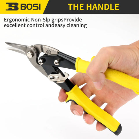 Hand holding 10 Inch Aviation Tin Snips Right Cut for Straight and Right Curve Cuts with ergonomic non-slip grips