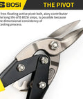 Close-up of 10 Inch Aviation Tin Snips Right Cut with serrated blades and pivot bolt, highlighting chrome vanadium steel for metalworking.