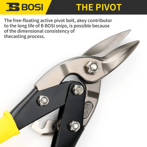 Close-up of 10 Inch Aviation Tin Snips Right Cut with serrated blades and pivot bolt, highlighting chrome vanadium steel for metalworking.